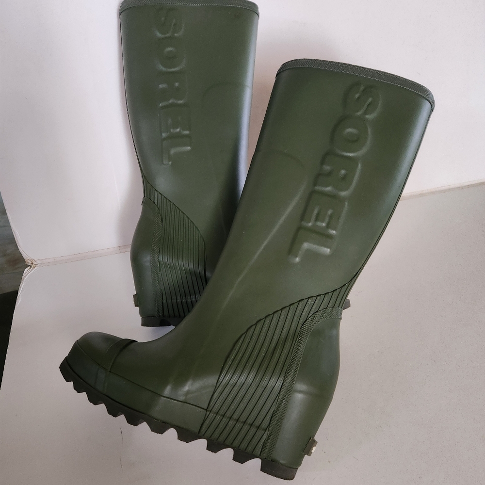 SOREL New Joan Wedge Tall Rain Boots 7.5 Green - Picture 4 of 12